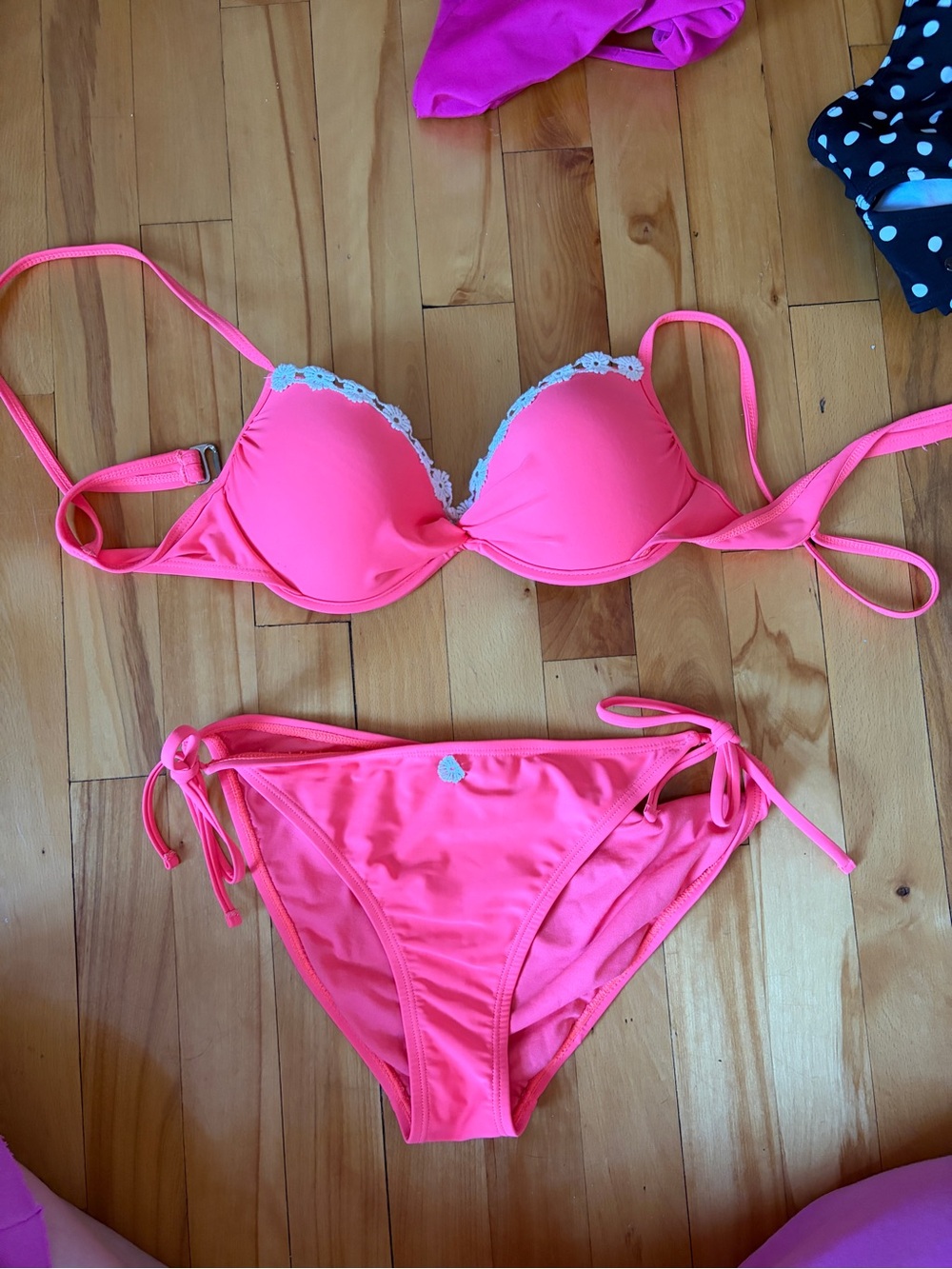 Neon coral  Lace Trim Bikini Set